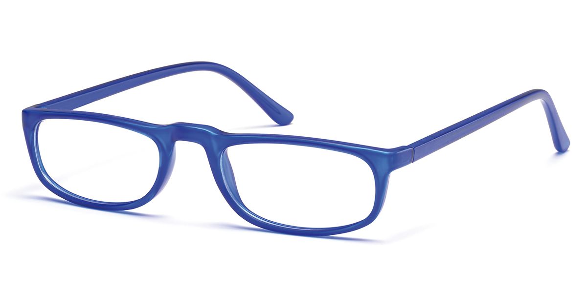 Occhiali da vista blu con montatura trasparente e lenti rettangolari su sfondo bianco.